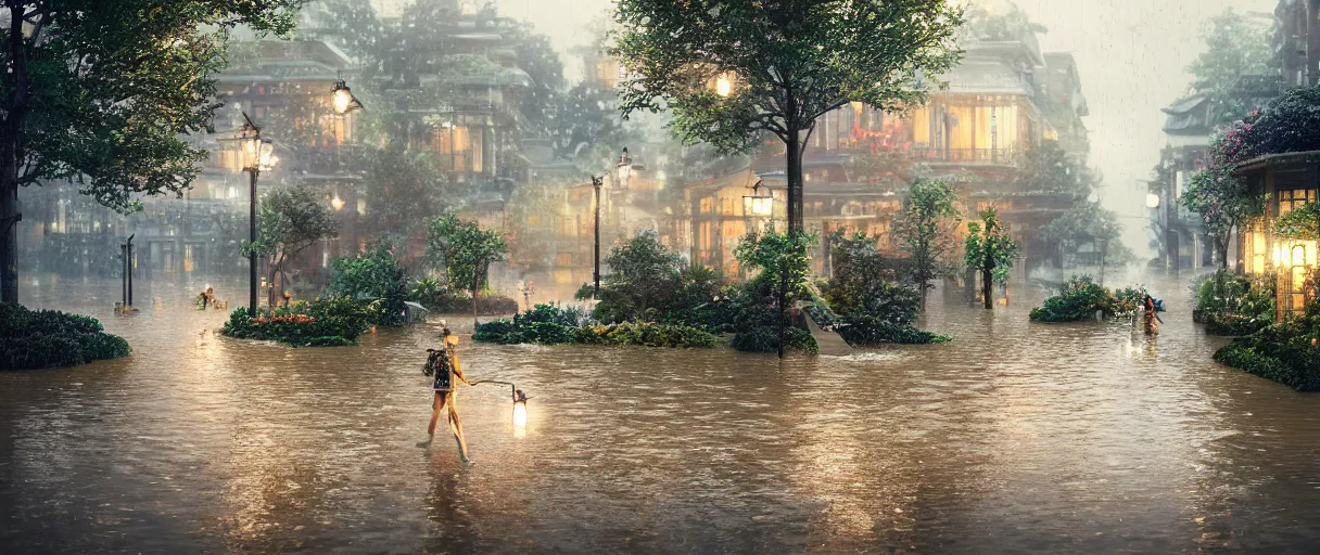 Prompt: carriership landing on raining night at flooded miniature city, emotion is on the rise on the town, cute style garden, octane render, trees, evergreen, patio, garden, wet atmosphere, tender, soft light misty yoshitaka amano, and artgerm, pixel art