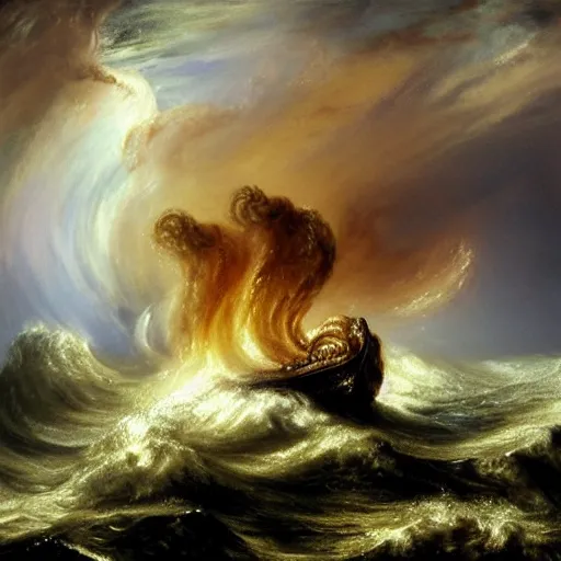 Image similar to kraken tentacles stormy sea steamship boat dramatic clouds painting style of turner