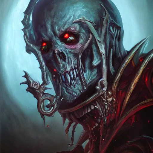 Image similar to a hyper realistic oil painting of a necromancer from diablo, dark fantasy, horror, retro fantasy