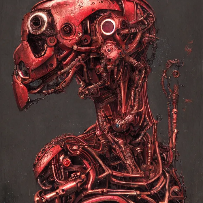 Image similar to h. r. giger esque portrait of an evil ruby ultron from age of ultron, clockwork steampunk, mangled, battle - damage, head and chest only, by beksinski, 4 k, deviantart, trending on artstation