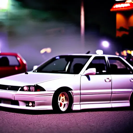 Prompt: a car JZX100 at illegal car meet, Chiba prefecture, city golden-hour mist lights, photorealistic, highly detailed, 85MM