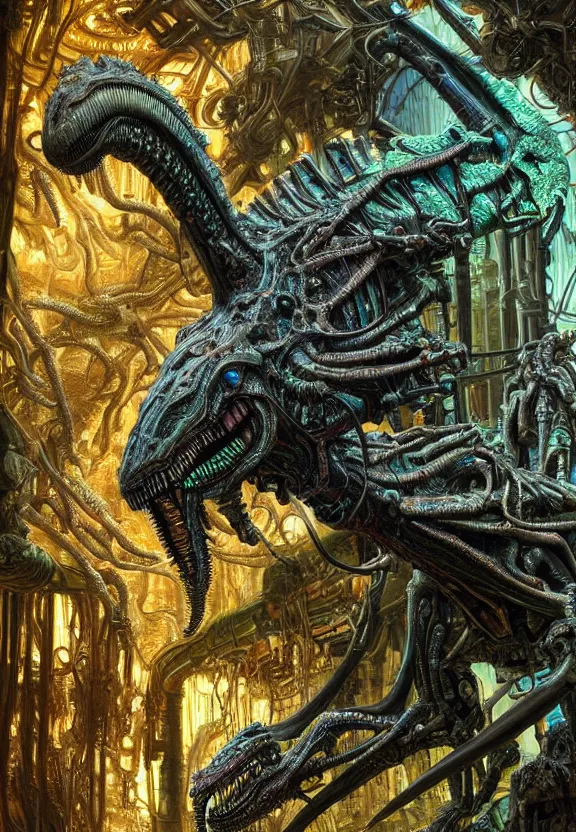 Prompt: extremely detailed. full body pictures of a opalescent cybernetic tyrannosaurus rex engine. dripping lots of colorful slime. biomechanical giger ’ s xenomorph. the thing. detailed and intricate environment, wide angle, hyperrealism, plants and jungle, detailed and intricate environment, reflective, dynamic lighting, rembrandt, 8 k