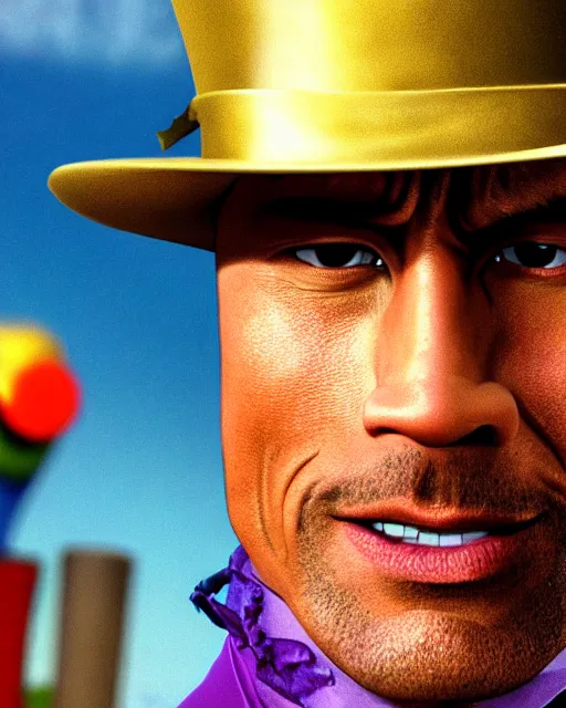 Image similar to Film still close-up shot of Dwayne Johnson as Willy Wonka from the movie Willy Wonka & The Chocolate Factory. Photographic, photography