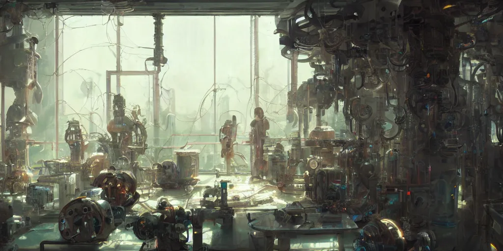 Image similar to extremely detailed portrait of a biopunk laboratory seen from within the sunny window, artstation, cinematic, by greg rutkowski, overrun by rabbits, devastated