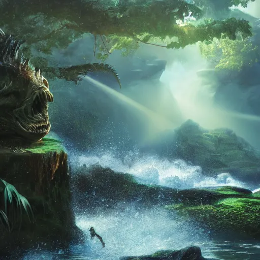 Prompt: photorealistic fantasy concept art of a sea monster swimming near a waterfall foggy forest, dynamic lighting, cinematic, ray tracing, sun rays, majestic