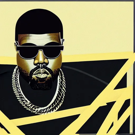 Prompt: hyped kanye west wearing white aviator sunglasses with horizontal bars in place of traditional lenses in a bumblebee costume drinks coffee in front of a futuristic neo solar punk minimal intricate technology aesthetically pleasing hovering laptop, highly detailed, masterpiece, neo classical art, rembrandt lighting