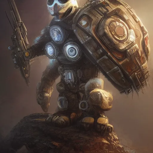 Prompt: anthropomorphic Robot Penguin in Gears of War cover art, ultra wide lens shot , tiny, small, short, cute and adorable, pretty, beautiful, DnD character art portrait, matte fantasy painting, eerie, DeviantArt Artstation, by Jason Felix by Steve Argyle by Tyler Jacobson by Peter Mohrbacher, cinematic lighting