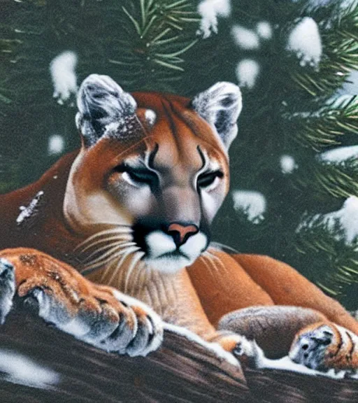 Prompt: damaged postcard of 'a cougar sleeping in the middle of snowy pine tree' laying on coffee table, zoomed out shot