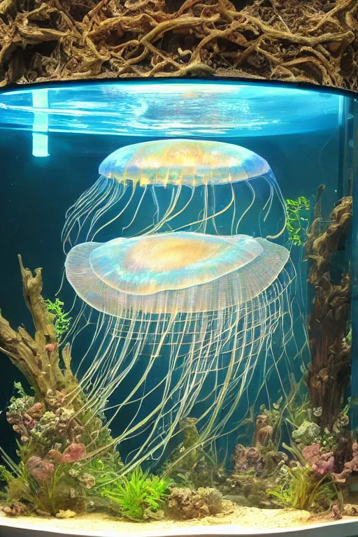 Image similar to a beautiful painting of a cylindrical moon jellyfish tank in an aquarium, ray of light, shimmering and prismatic, rococo, highly detailed, trending on artstation.