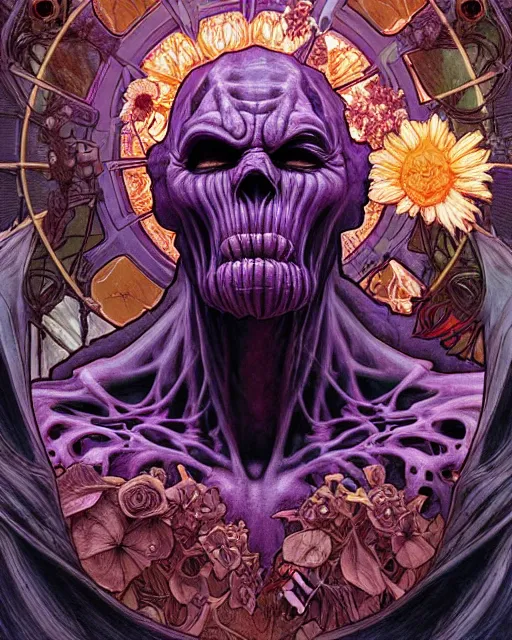 Image similar to the platonic ideal of flowers of cletus kasady ultimate carnage thanos dementor doctor manhattan chtulu nazgul, detailed, intricate, hyperrealism, intense, scary, decay, dmt, art by brock hofer and artgerm and greg rutkowski and alphonse mucha