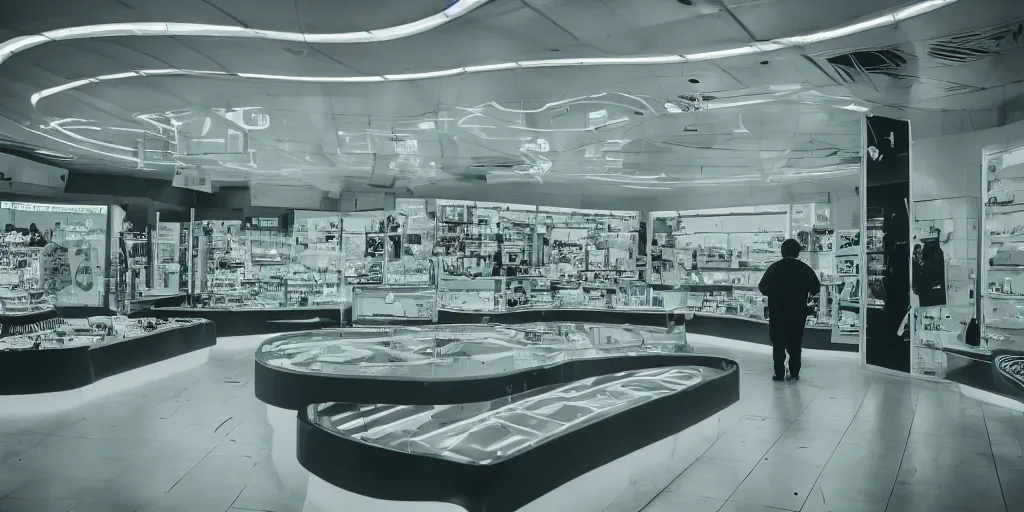 Image similar to a photo of a clean alien shop, futuristic, holographic, 8k, sharp focus, Fujifilm