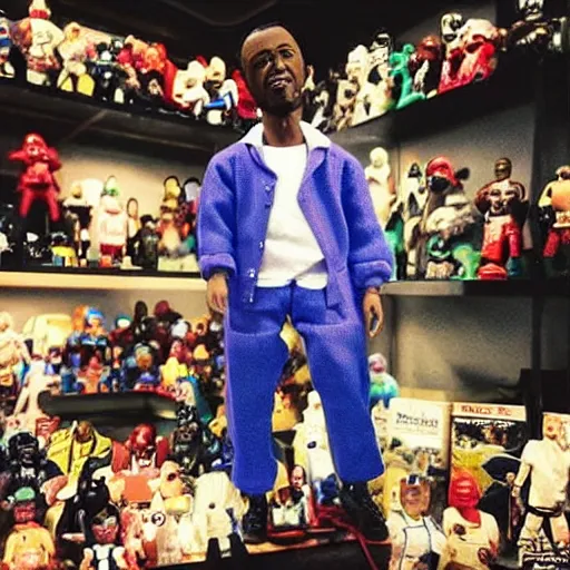 Prompt: “an award winning fisheye photograph of a plastic action figure doll of Kendrick Lamar the rapper hip hop artist dressed as a scientist, studying a life sized strand of DNA”