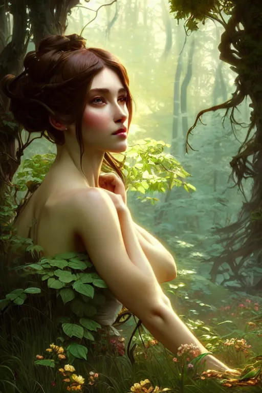 Image similar to beautiful digital painting of a stylish female forest with high detail, 8 k, stunning detail, works by artgerm, greg rutkowski and alphonse mucha, unreal engine 5, 4 k uhd