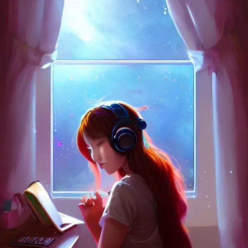 Image similar to lo-fi colorful masterpiece by Ross Tran, WLOP, Dan Mumford, Christophe Vacher, painting, asian girl, with headphones, studyng in bedroom, window with Tokyo view, lo-fi illustration style, by WLOP, by loish, by apofis, alive colors