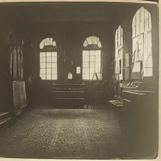 Prompt: an early daguerrotype photograph of the backrooms from the 19th century