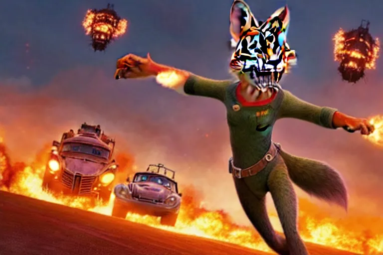 Image similar to nick wilde ( from zootopia ), heavily armed and armored facing down armageddon in a dark and gritty reboot from the makers of mad max : fury road