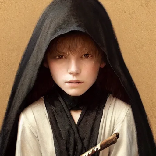 Image similar to perfectly - centered - portrait of a kid wearing black cloak holding stick, intricate, highly detailed, digital painting, artstation, concept art, smooth, sharp focus, illustration, unreal engine 5, 8 k, art by artgerm and greg rutkowski and alphonse mucha