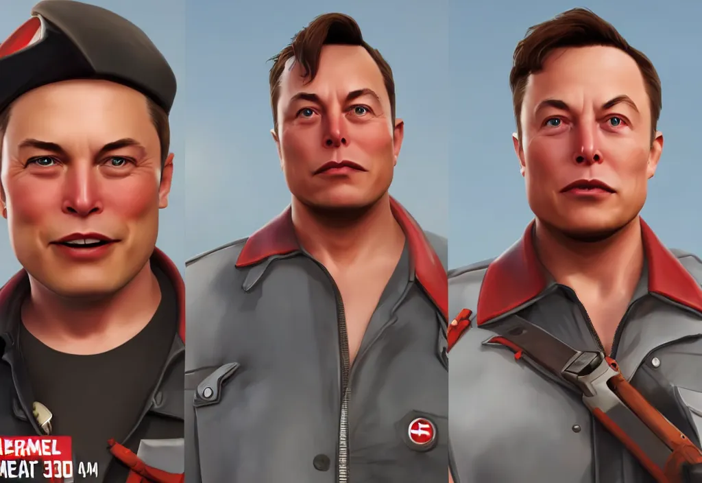 Image similar to elon musk in team fortress 2, elon musk in the video game team fortress, gameplay screenshot, close up, 3 d rendering. unreal engine. amazing likeness. very detailed.