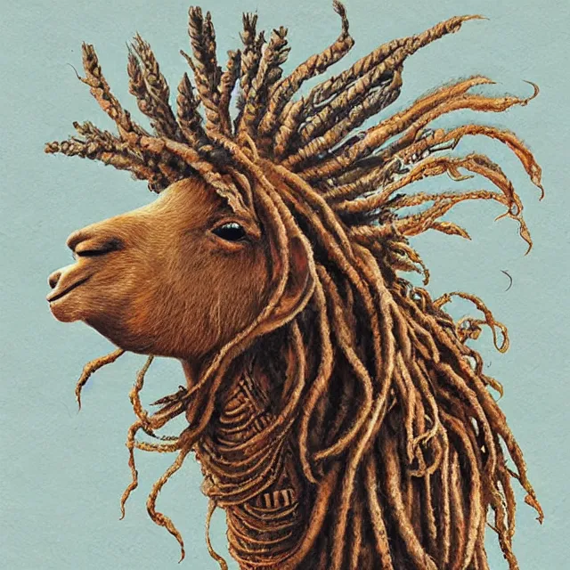 Image similar to llama with dreadlocks, by otomo katsuhiro, by mandy jurgens, ernst haeckel, james jean