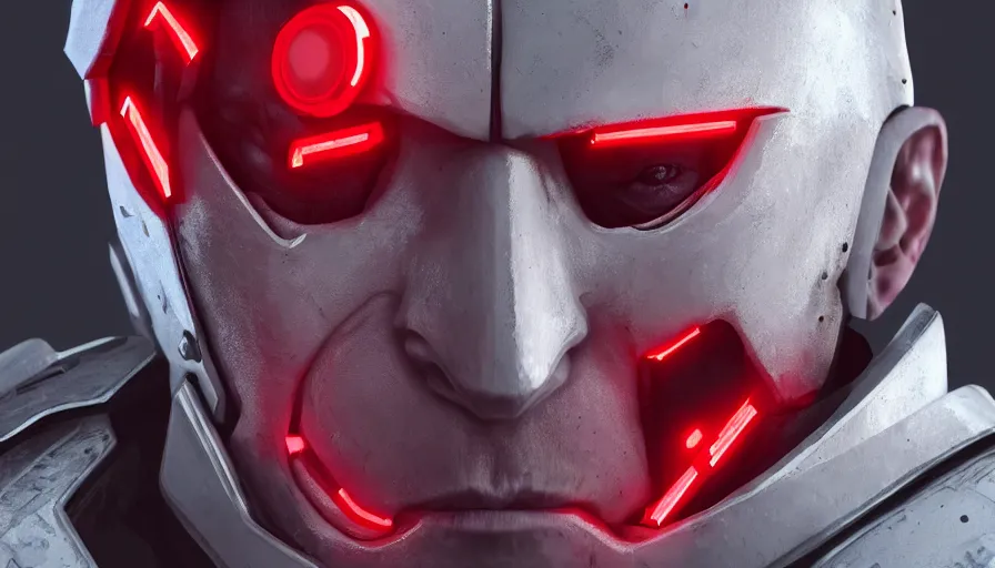 Image similar to unmasked joe biden in white metal armor with red lights in it, white background, hyperdetailed, artstation, cgsociety, 8 k