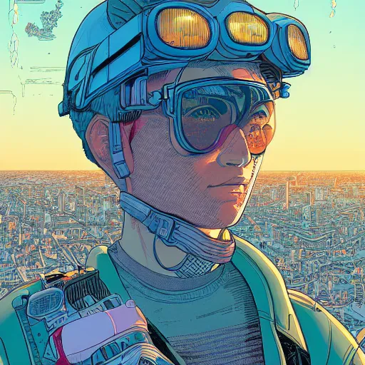 Image similar to hyper detailed comic illustration of a young explorer wearing a cyberpunk headpiece watching the sunset in the distance, by Josan Gonzalez and Geof Darrow, highly detailed, 8k wallpaper