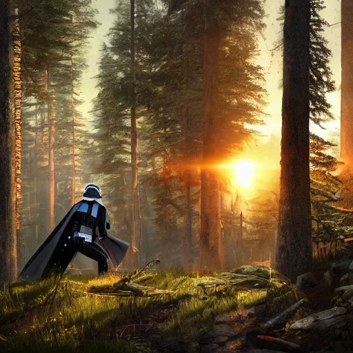 Image similar to sunset breaks through the forest, Dart Vader is fighting Jedis, painting in style of Ivan Shishkin, hypermaximalistic, high details, cinematic, 8k resolution, beautiful detailed, insanely intricate details, artstation trending, octane render, unreal engine,