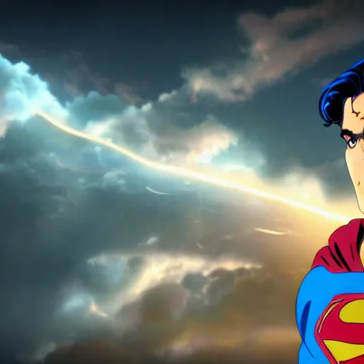 Image similar to a cinematic anime painting of superman stood on the roof of an abandoned cathedral, his face is lit by a strong beam of light shining in through a crack in the clouds, 8 k, movie still, wide angle