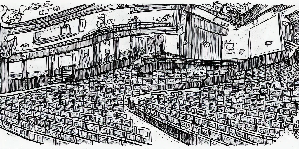 Image similar to a dimly lit, theater hall, 3 doors, 1 staircase, day of the tentacle style, drawn by Peter Chan, fish eye