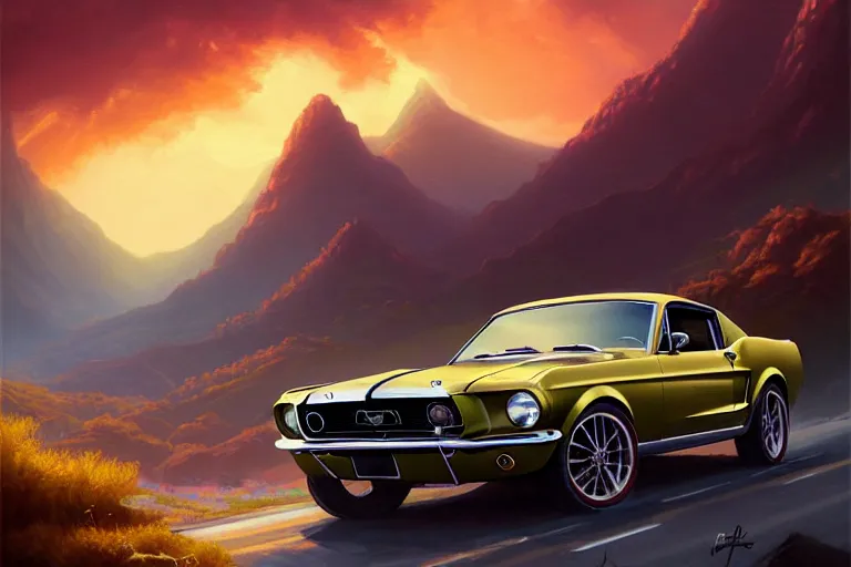 Image similar to a 1 9 6 8 mustang driving down a country road, coriolios rpg art style, full of details, warm sunset colors, matte painting, artstation, 8 k, hyperrealistic, style of peter mohrbacher, album cover, extreme long shot, mountains