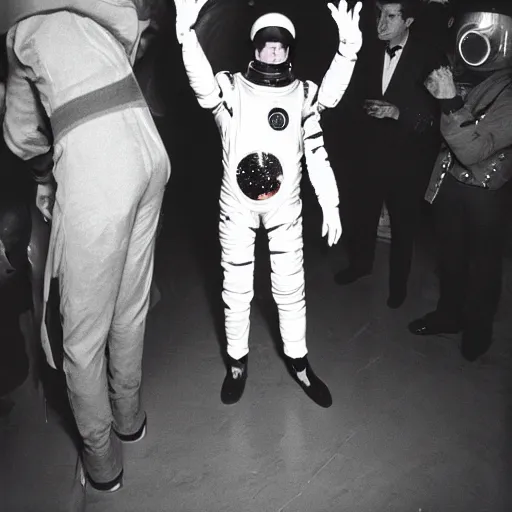 Image similar to David Bowie wearing a spacesuit at a party. Candid photo, flash, 1966, 35mm, by Andy Warhol.