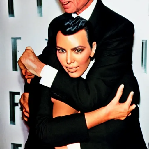 Prompt: Frank sinatra being hugged lovingly by kim kardashian