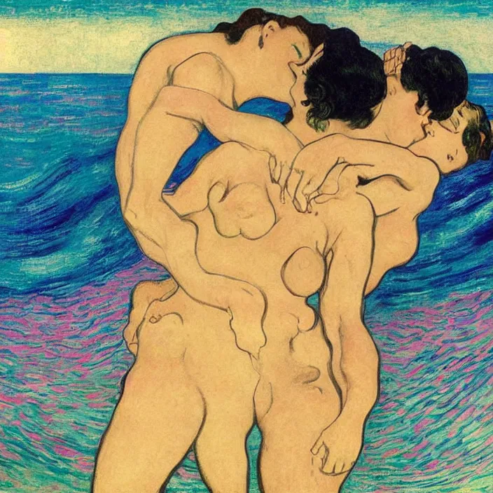 Prompt: close view of woman and man kissing. tsunami great wave, night with stars. iridescent, vivid psychedelic colors. painting by munch, rene magritte, felix vallotton, agnes pelton, egon schiele, henri de toulouse - lautrec, utamaro, monet