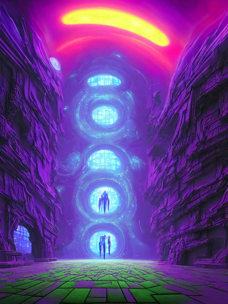 Prompt: entrance to ethereal realm, matrix enlightenment, rendered in unreal engine, central composition, symmetrical composition, dreamy colorful cyberpunk colors, 6 point perspective, fantasy landscape with anthropomorphic!!! terrain!!! in the styles of igor morski, jim warren and rob gonsalves, intricate, hyperrealistic, volumetric lighting, neon ambiance, distinct horizon
