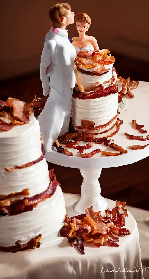 Prompt: a wedding cake made of bacon, professional food photo, by linda eastman, bride and groom on top of the wedding cake,