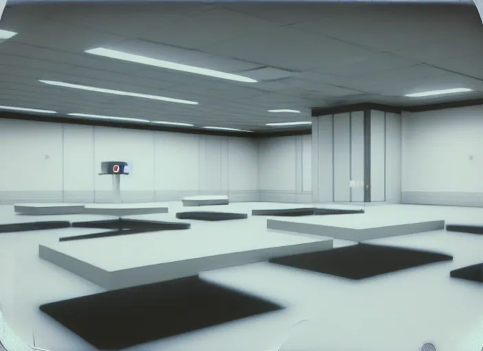 Image similar to polaroid photograph of a large white empty breakroom, retrofuturist liminal space, familiar place, clean, black mold, amateur, unreal engine, photorealistic, trending on artstation