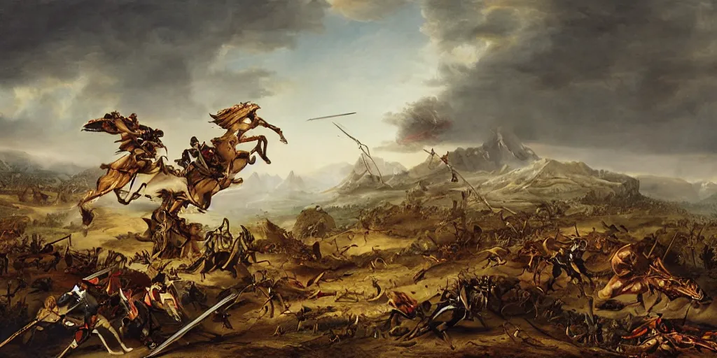 Image similar to an epic battle artwork by eugene von guerard