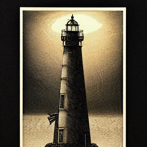 Prompt: bleak lighthouse, black paper, white ink, I, Renaissance style golden border, As above so below, tarot card, intricate design, 3d relief, insanely detailed, illustrated by Charlie Bowater and Donato Giancola, Major arcana