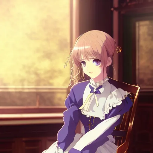 Image similar to a character portrait of violet evergarden, sitting down on a chair in a victorian home background, style of kyoto animations, trending on pixiv, anime, high detail, character accurate