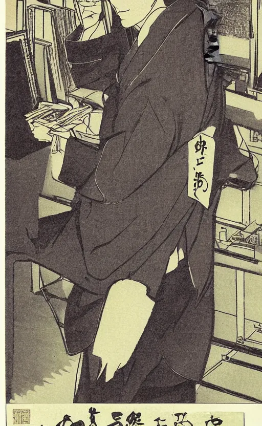 Image similar to by akio watanabe, manga art, portrait of male novel writer doing work, traditional japanese clothes, trading card front, realistic anatomy