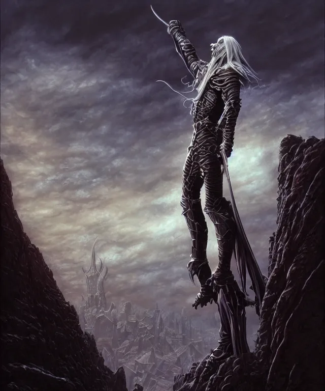 Image similar to elric of melnibone, artwork by michael whelan, full figure, action pose, dramatic lighting, cinematic, hyperrealistic, highly detailed, artstation, fantasy background setting including a city, weird - dreamlike landscape and dramatic sky