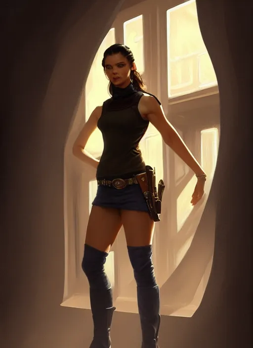 Image similar to portrait of a full body of beautiful young female detective, d & d, sleeveless turtleneck, fantasy, flat lighting, intricate, highly detailed, digital painting, artstation, concept art, smooth, sharp focus, illustration, adriana lima, art by simon bisley and greg rutkowski and alphonse mucha, natural tpose