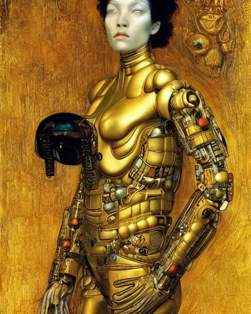Image similar to Golden Portrait of a Cyborg from Ghost in the shell by Gustav Klimt and HR Giger, cyberpunk noir, baroque elements, intricate artwork by caravaggio, aesthetic, intricate, highly detailed, masterpiece