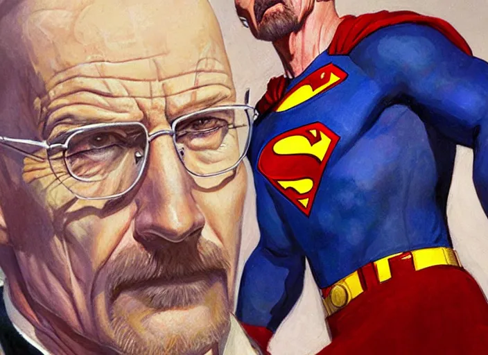 Prompt: a highly detailed beautiful portrait of walter white as superman, by gregory manchess, james gurney, james jean