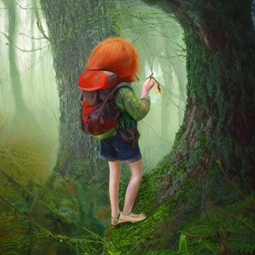 Prompt: detailed painterly portrait of a red - haired explorer girl kid with a backpack and a map, in the deep tangled, mossy, misty forest, lit by sunbeams, by loish, unreal 5