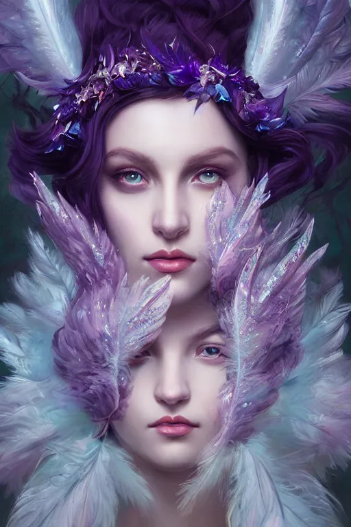 Image similar to beautiful princess with face covered with purple crystals wearing frost feathers, diamonds, angel, fantasy, dramatic lighting, highly detailed, digital painting, magic the gathering, 3 d render, hyper realistic detailed portrait, peter mohrbacher, wlop, ruan jia