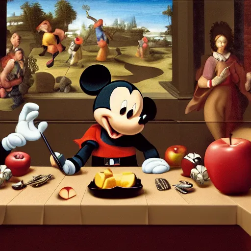 Prompt: mickey mouse crossed with darth vader eating an apple renaissance painting, michelangelo, leonardo da vinci, 4 k, octane render