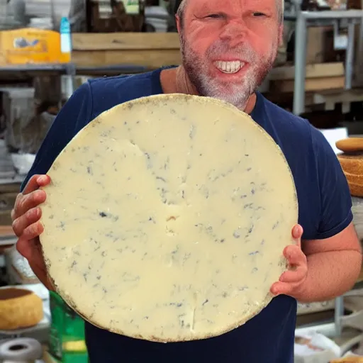 Prompt: richard mottern eating a large wheel of cheese,