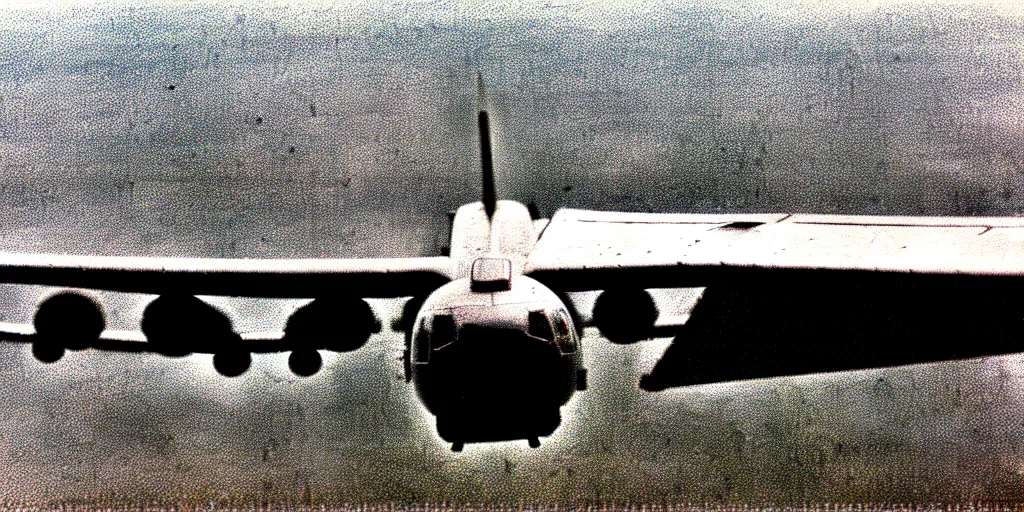 Image similar to photo under flying plane after a take off, photorealistic, kodak 2 5 0, taken in 1 9 9 7, noise, high quality, hd, uhd