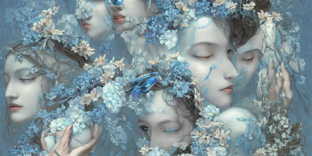 Prompt: breathtaking detailed concept art painting art deco pattern of faces goddesses amalmation light - blue flowers with anxious piercing eyes and blend of flowers and birds, by hsiao - ron cheng and john james audubon, bizarre compositions, exquisite detail, extremely moody lighting, 8 k