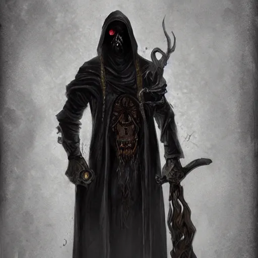 Prompt: concept art of a cultist in dark robes, lovecraftian elements, good illumination, detailed, intricate, artstation